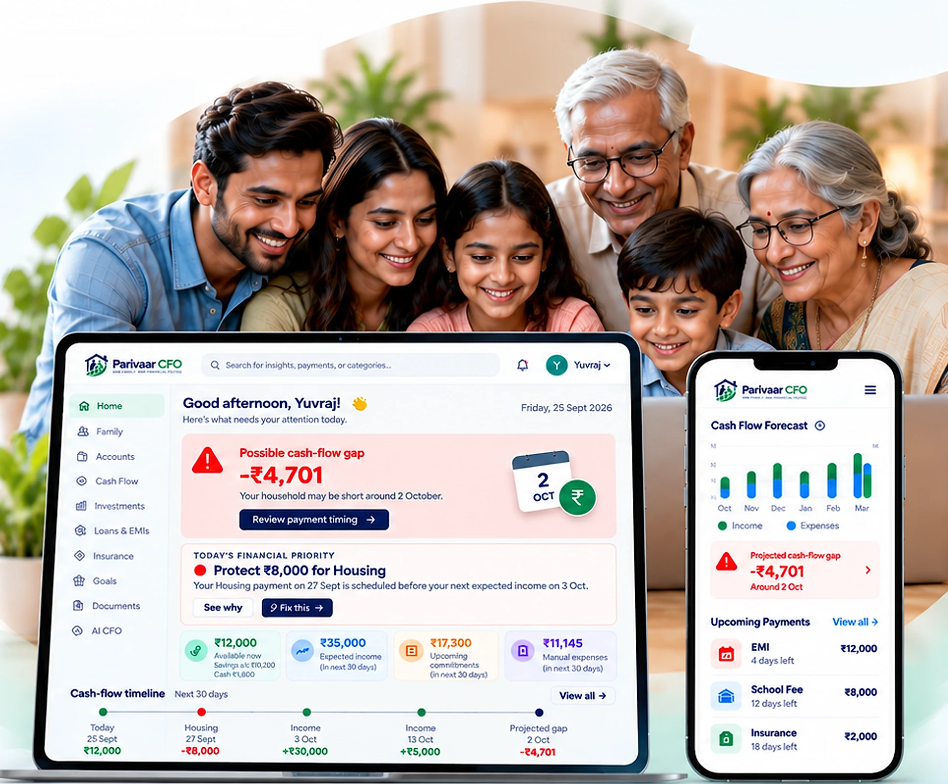 A three-generation family smiling at the Parivaar CFO dashboard on a laptop and phone, showing a possible cash-flow gap and upcoming payments